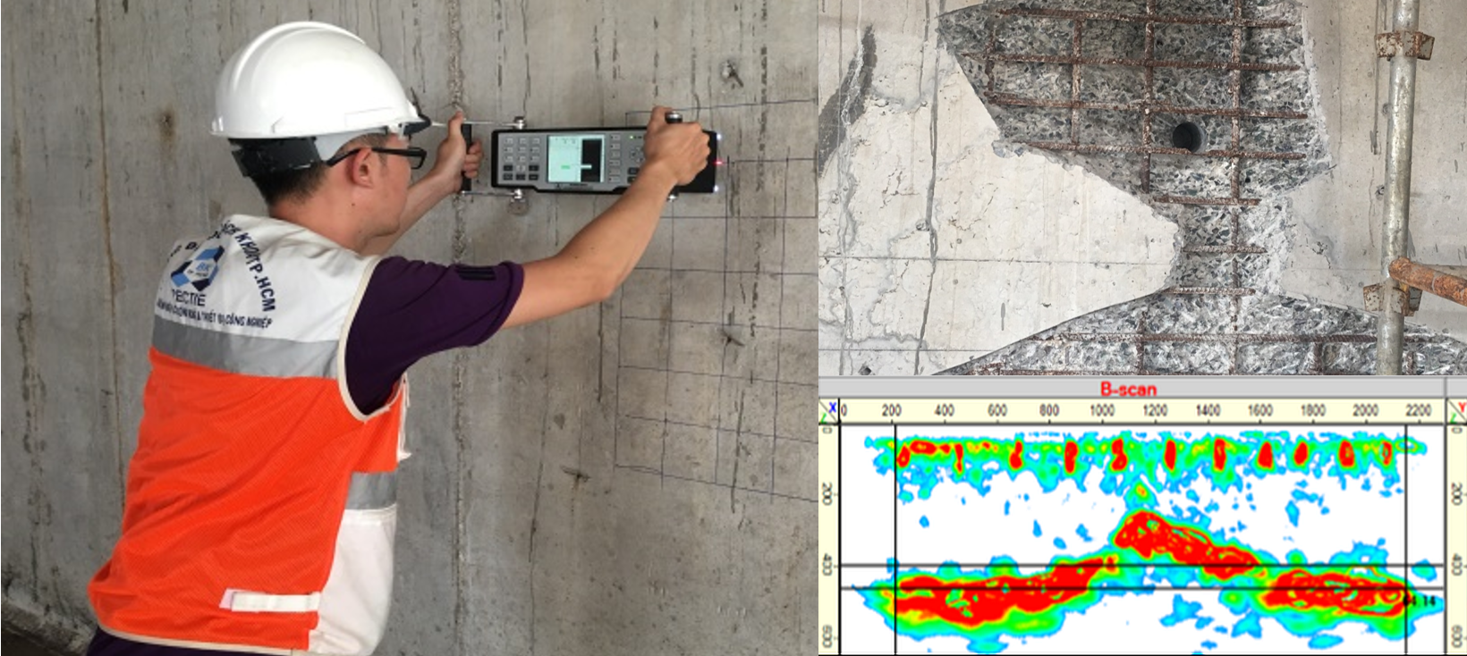 Measuring the thickness of a reinforced concrete wall with one-side access